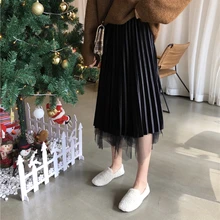 Женская одежда в стиле пэчворк; Милая Черная Юбка До Колена; модная брендовая Новинка; сезон весна-осень; корейский стиль; плиссированные юбки; Лидер продаж