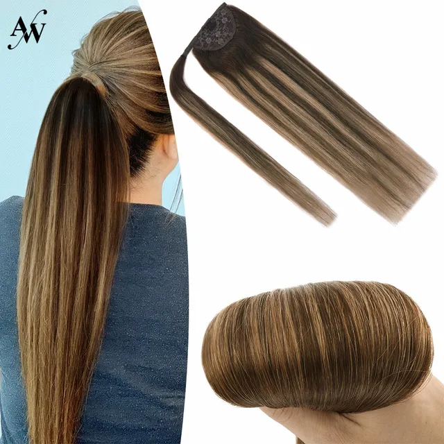 AW 12''-24'' Ponytail Human Hair Wrap Around Machine Remy Hair Extensions Brazilian Hair Extensions Clip Ins Blonde Brown Color T427P4