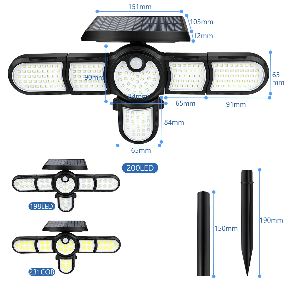 231COB Solar Light Outdoor Wall Lights Multiple Heads PIR Motion Sensor 140/200LED Street Landscape Spotlights Security Lamp solar post cap lights