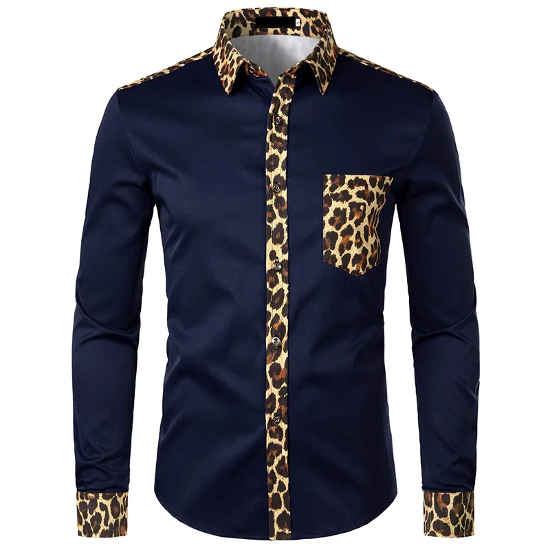 Мужская рубашка с леопардовым принтом и карманом, мужская рубашка с длинным рукавом, модная брендовая мужская рубашка на пуговицах, Camisas Hombre, США