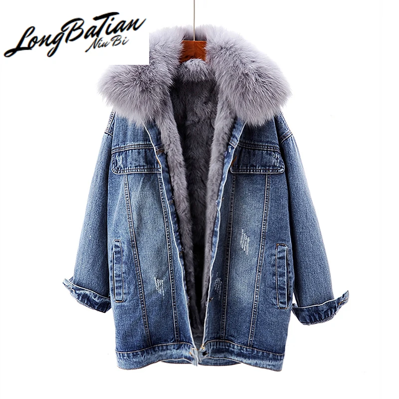 Зимняя джинсовая женская куртка с кроличьим подкладом воротником из лисьего