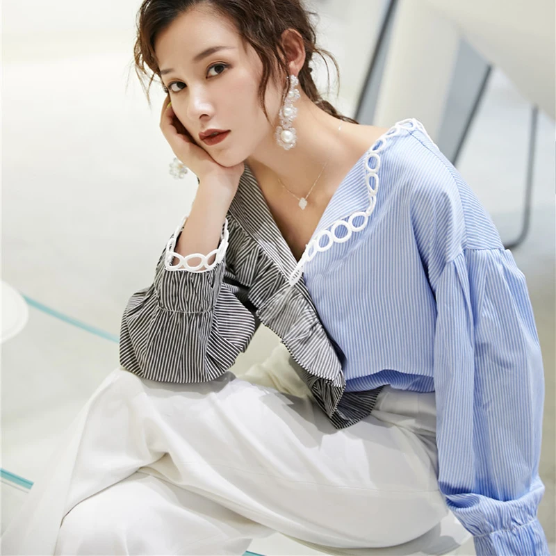 GALCAUR Лоскутная полосатая женская рубашка с оборками, v-образный вырез, длинный рукав, хит, цветная Асимметричная блуза, Женская мода, корейская мода, новинка