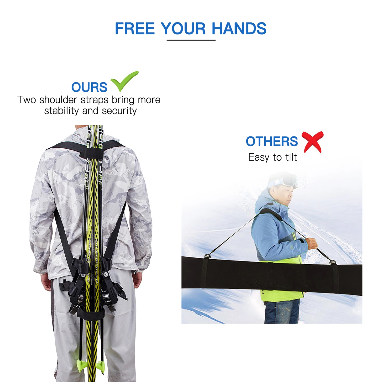 New Ski and Poles Backpack Carriers Straps Adjustable Ski Shoulder Strap Ski Gear Holder Skiing Pole Nylon Strap Ski Accessories