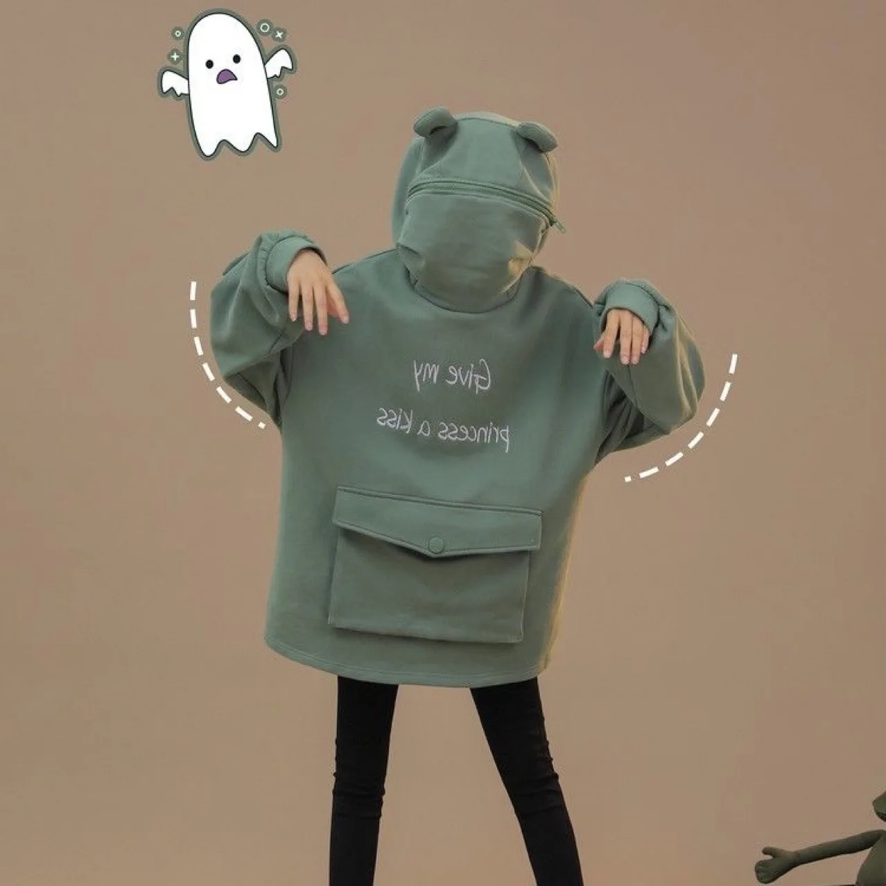 

Mid-Length Avocado Green Fleece Sweater Women's Creative Stitching Three-dimensional Cute Design Frog Pullover Pocket Jacket
