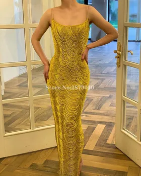 

Turkish Spaghetti Strap Light Yellow Evening Dress Sheath Full-Length Prom Dress Tassel Vestido de festa Gown Dress 2020 Dubai