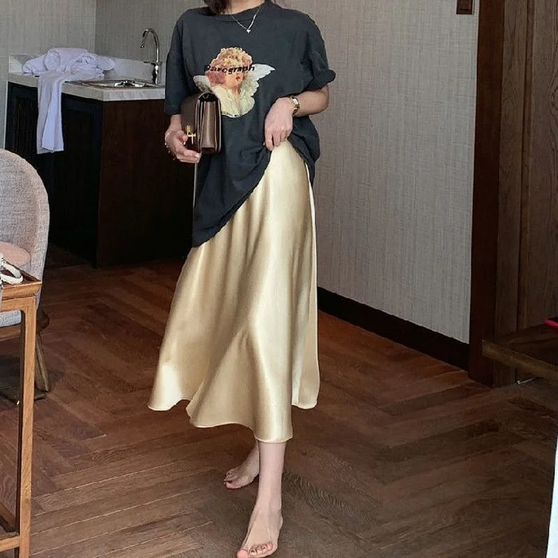 HOUZHOU Vintage Elegant Satin Skirt Women Temperament Luster High Waist A-line Midi Long Skirt Summer Solid Loose Korean Fashion