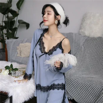 

Sleep Set For Women Burgundy Home Clothing Lingerie Bathrobe Sleepwear Nightgown Long Sleeve Lace Kimono Gown 3PCS Nightwear