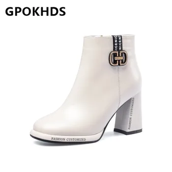 

GPOKHDS 2021 women Ankle boots Cow leather Winter short plush Round Toe Platform Metal Decoration High heels female boot size 43