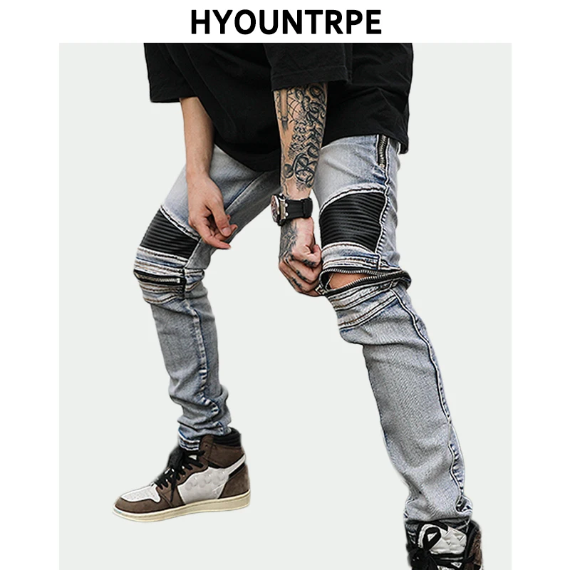 Men Jeans Leather Patches Moto Pants Patchwork Jeans Men Motorcycle