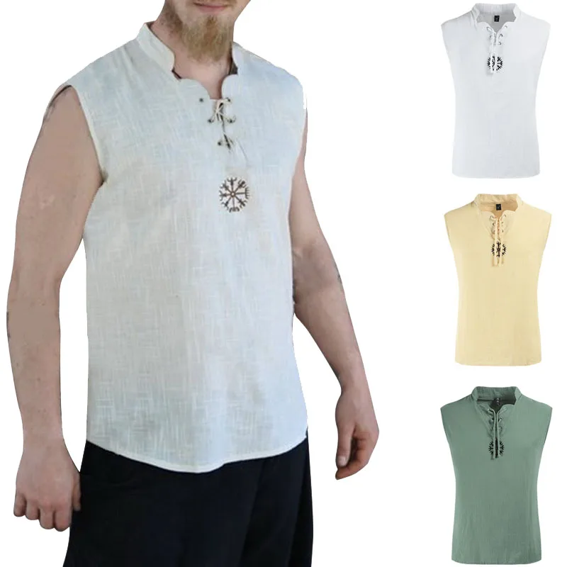 Enjoybuy Mens Pirate Shirt Medieval Viking Sleeveless T Shirts Lace Up Banded Collar Casual Tank Tops
