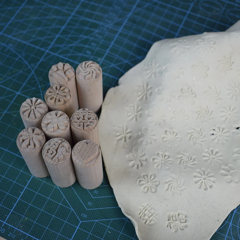 Wood Pottery Stamp Flower Leaf Pattern Emboss Seal Block Ceramic Pot Texture Cold Porcelain Polymer Clay Tools Sculpture Model