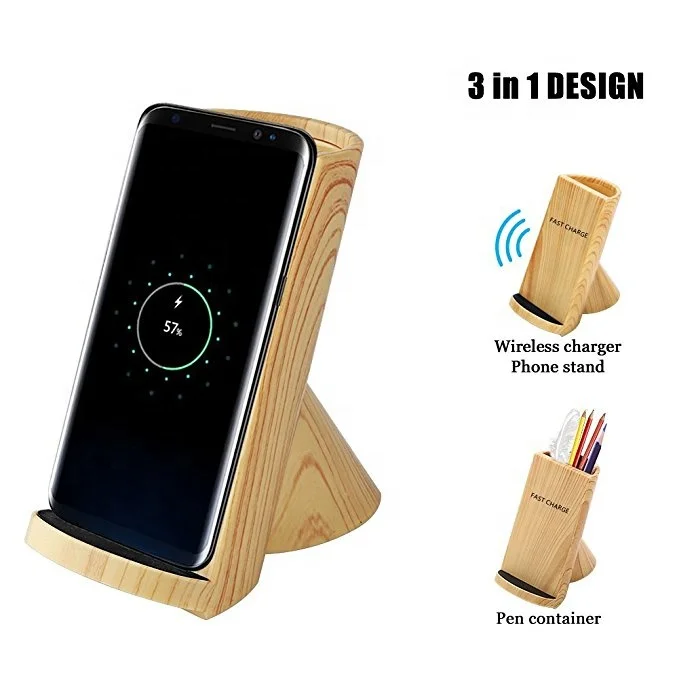 

EHUNT Desktop Bamboo Qi Wireless Charger Stand Wooden Wireless Charger Stand With Pen Container