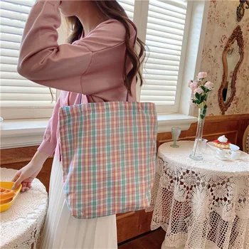 

Plaid Contrast Vintage Canvas Shopping Bag for Women 2020 New Female Casual Chic Shoulder Bag Tote Large Capacity Travel Handbag