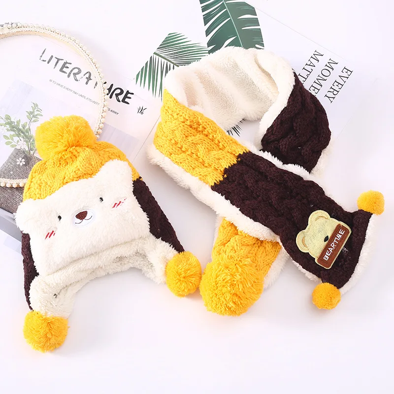 

Cartoon New Style Children Hat Scarf Two-Piece Set Super Meng Bear plus Velvet Thick Men And Women Baby Knitted Hat