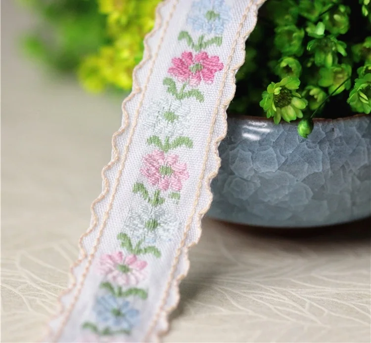 2.4cm wide 3meters/lot Small Pink Flower Embroidered Cotton Ribbon Lace Waves Sewing Accessories X1045