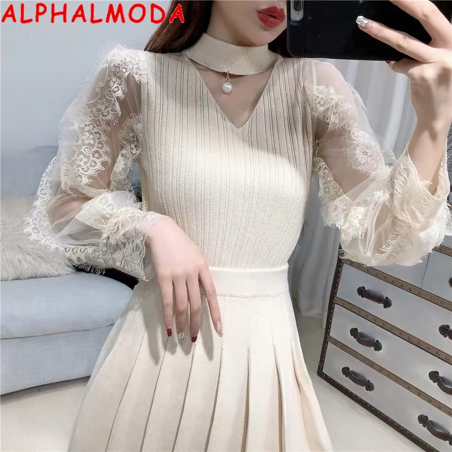 

ALPHALMODA 2019 New Fashion Lace Lantern Sleeve Bright Silk Knitted Sweater Slim Graceful Women Sweet Lace Sweater Fashion Outfi
