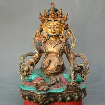 

8"China old Bronze Inlay Turquoise gild carve Yellow Jambhala Wealth God Statue