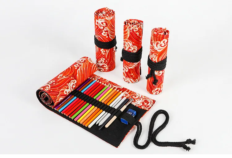 Japanese and wind-printcanvas brush 12 24 36 48 72-well large-capacity volume pen bag sketch color pencil case