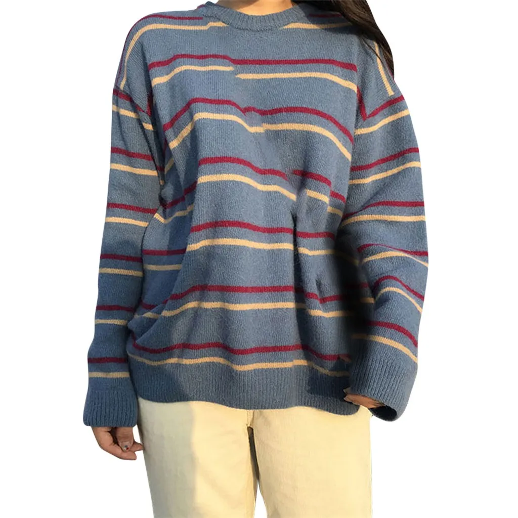 Модный кавайный женский полосатый свитер, классический стиль, Осенний пуловер, топ, блузка, Новая Милая зимняя одежда, женские свитера - Цвет: Blue