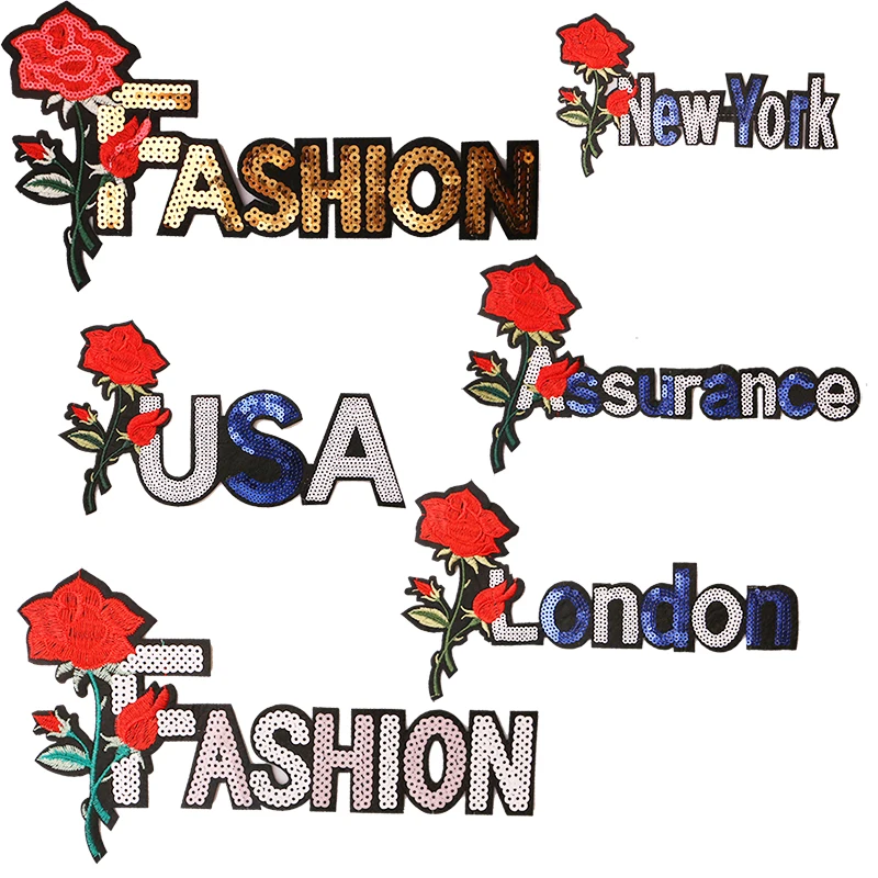 

New York,USA with rose sequin icon Embroidered Iron on Patches for Clothing DIY Stripes Clothes Patchwork Stickers Custom Badges