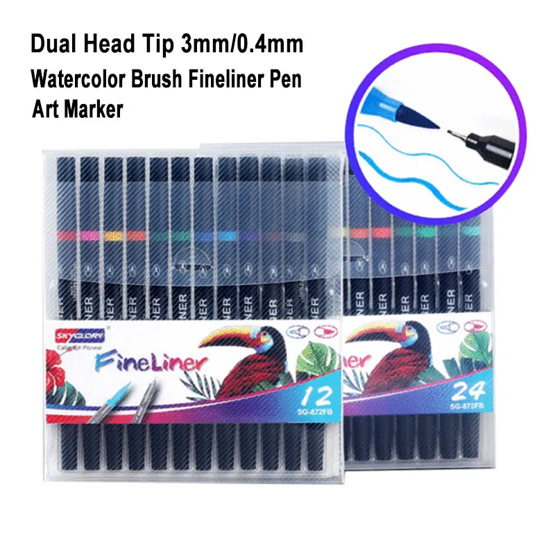 12/24 Color Dual Head Tip 3mm/0.4mm Watercolor Brush Fineliner Pen Art Marker For Drawing Painting Manga Comic Sketch Stationery factory wholesale beech dual purpose oil painting rack for artists can lift sketch oil painting rack