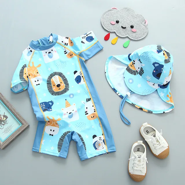 Baby Bathing Suit Boy Girl Kids One Piece Swimsuit for Children with Hat UPF50 UV Protection Girls Swimwear Beach Swimming Wear HX-B088 Blue