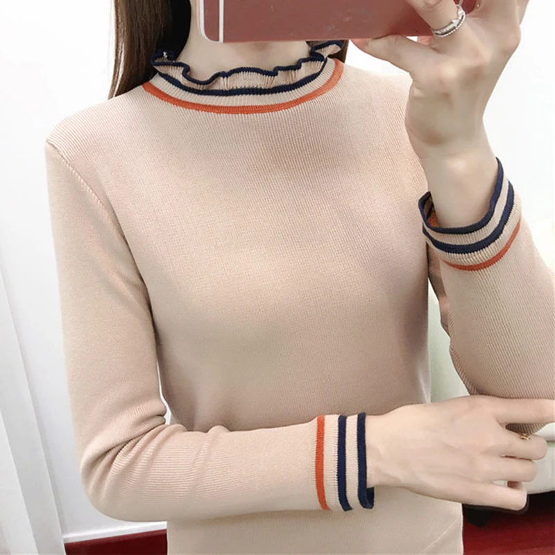 Knitted Women Solid Sweaters And Ruffled Collar Long Sleeve Casual Pullovers Sueter Mujer Tops Winter Sweet Korean Jumper