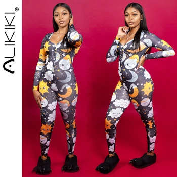 

Winter Sexy Onesies Pajamas For Adults Women Deep V Button Bodycon Bodysuit Cartoon Christmas Sleepwear Romper Pijamas Mujer