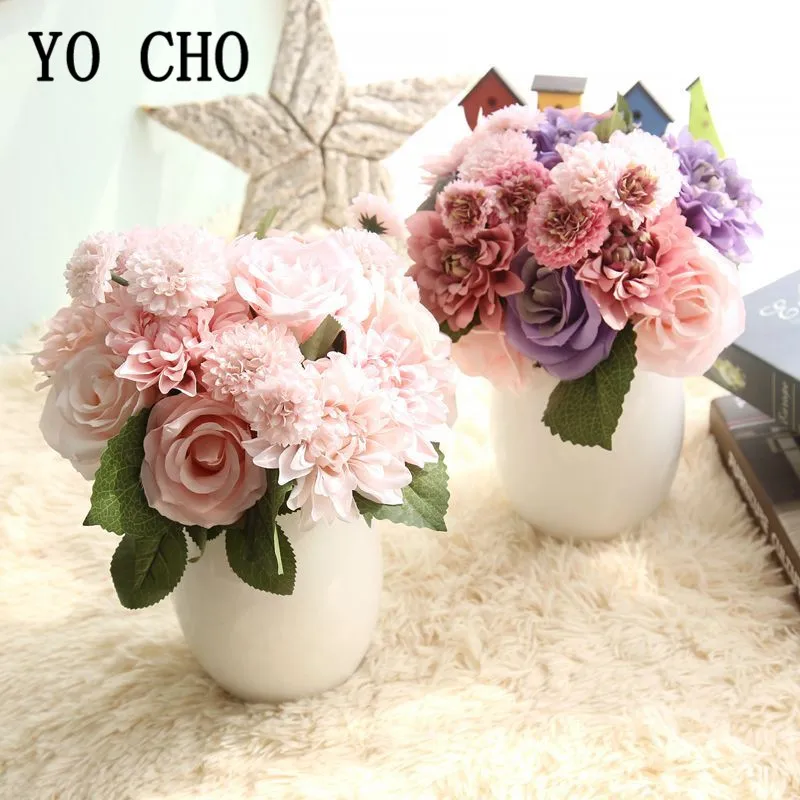 

8 Heads/bundle Pink Silk Rose Dahlia Bride Bouquet Fake Pompon Silk Flores Bundle Home Wedding Table Decor Artificial Flowers