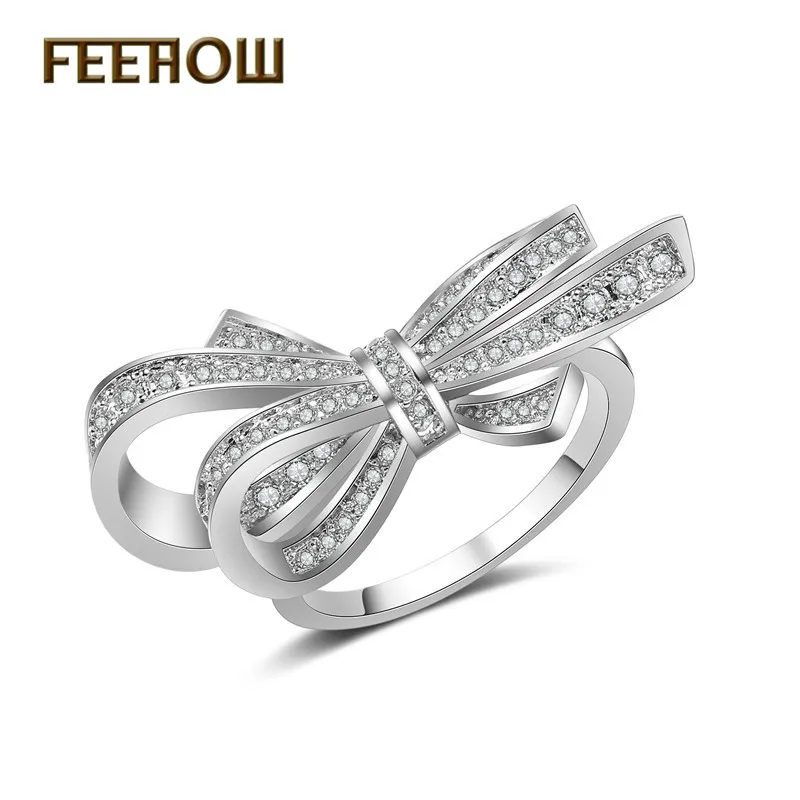 

FEEHOW 2017 New Fashion Fine Jewelry Stainless Steel Zircon Stereoscopic Bowknot Wedding Bride Rings For Women Gifts FWRP1032