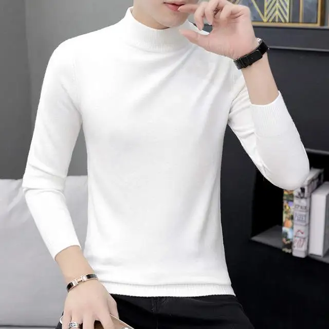 Белый Men Turtleneck Sweater Autumn Winter Solid Color Casual Sweater Men's Slim Fit Knitted Pullovers Bottoming Jumper - Цвет: Белый