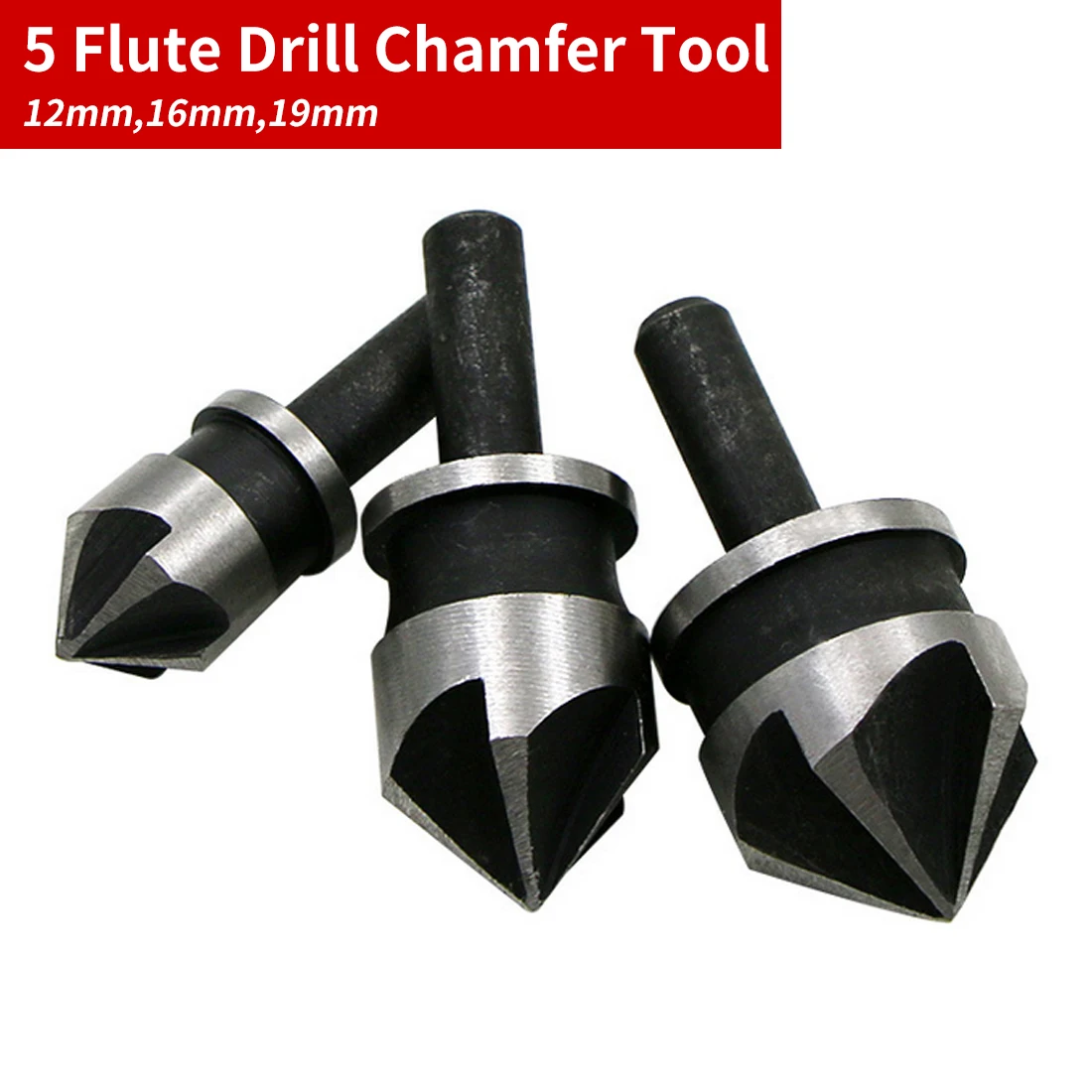 12mm/16mm/19mm 3pcs Carbon Steel 90 Degrees Round Shank 5 Edge Chamfer Counter Sink Woodworking Hole Opener Punching