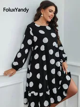 

FoluxYandy Dot Women Loose Chiffon Dress Plus Size O Neck Casual Long Sleeve Ruffles Midi Dress Black Vestidos CNFS13