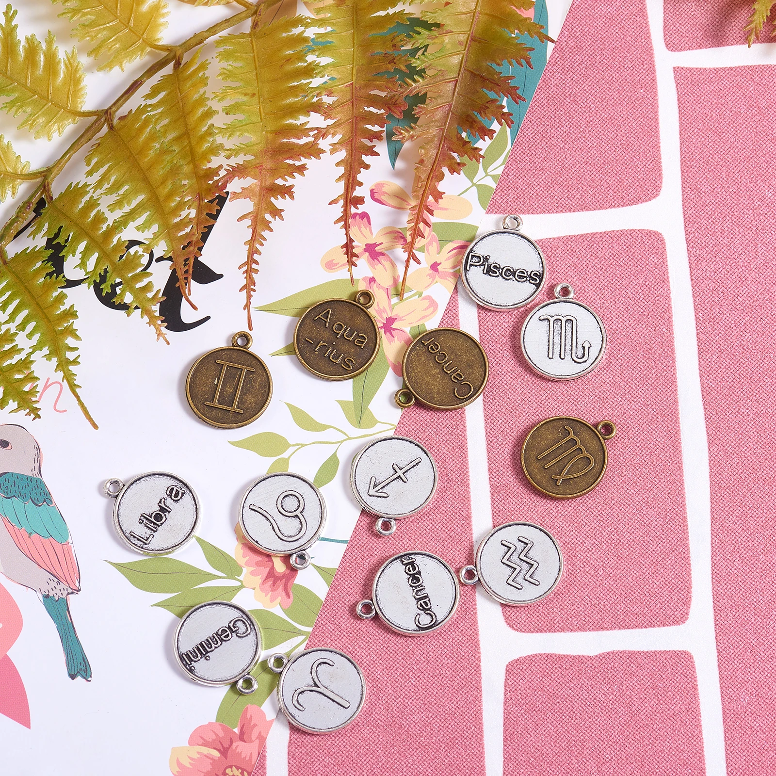 48Pcs Alloy Flat Round Twelve Constellation Charms12 Zodiac Sign Double Side Pedants for DIY Earrings Necklace Jewelry Making