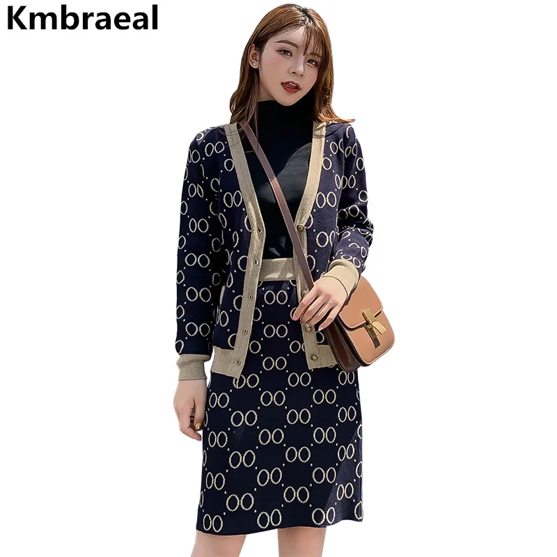 

Ladies Knitting Sweater Suits 2 Piece Set Runway Women Long Sleeve Cardigan Jacket Coat + Knitted Pencil Skirt Two Piece Set