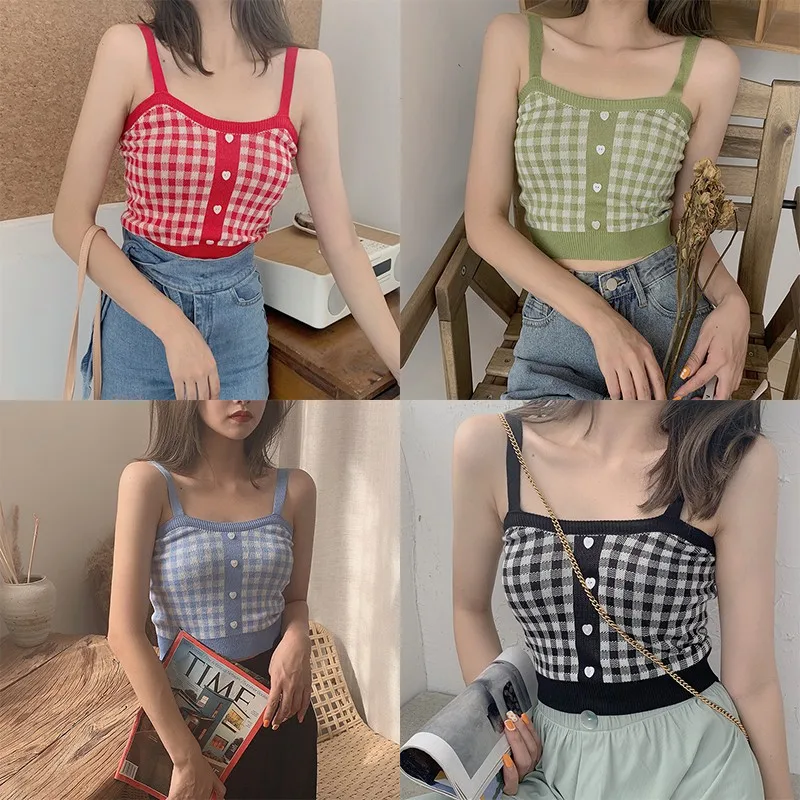 

Retro Plaid Small Sling Feminine Depressed Navel Slim Bottoming Cropped Top Vintage Sweet Wind Knit Material with Textured Joker