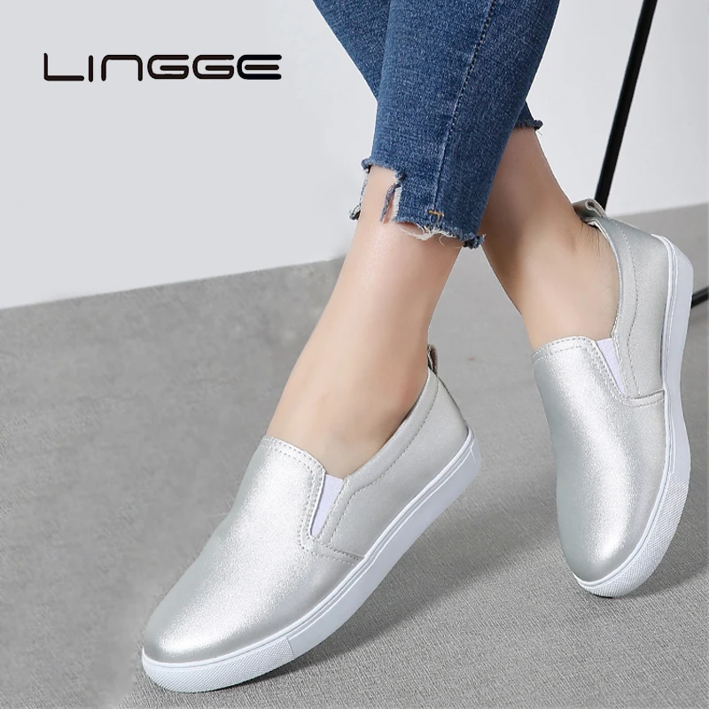 LINGGE mocasines planos de cuero para mujer, zapatillas de Ballet blancas,  Tenis sin cordones, color negro, 35 41|Zapatos planos de mujer| - AliExpress