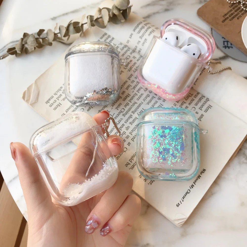 

Colorful Glitter Dynamic Liquid Sequin Case for Apple Airpods 1/2 Transparent Crystal Clear Protection Earphone Cover with Chain