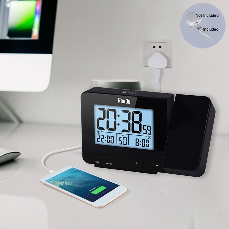 FJ3531 Projection Alarm Clock Digital Date Snooze Function LED Projector Desk Table Thermometer Hygrometer Clock Time Backlight 6