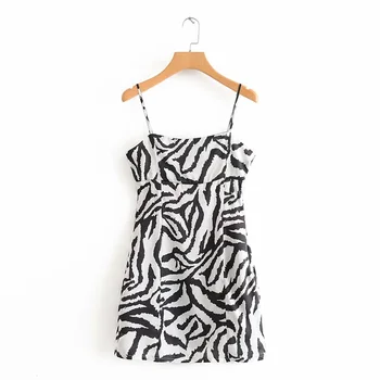 

2020 Spring Women's New Fashion Thin Zebra Print Printed Collar Adjustable Sling Strap Lined Short Dress Printed Dress