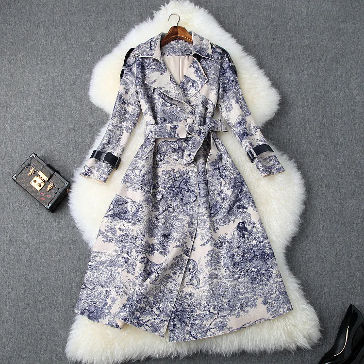 

Autumn 2019 new European and American women's wear Long sleeve lapel animal print suede lace-up Trench coat