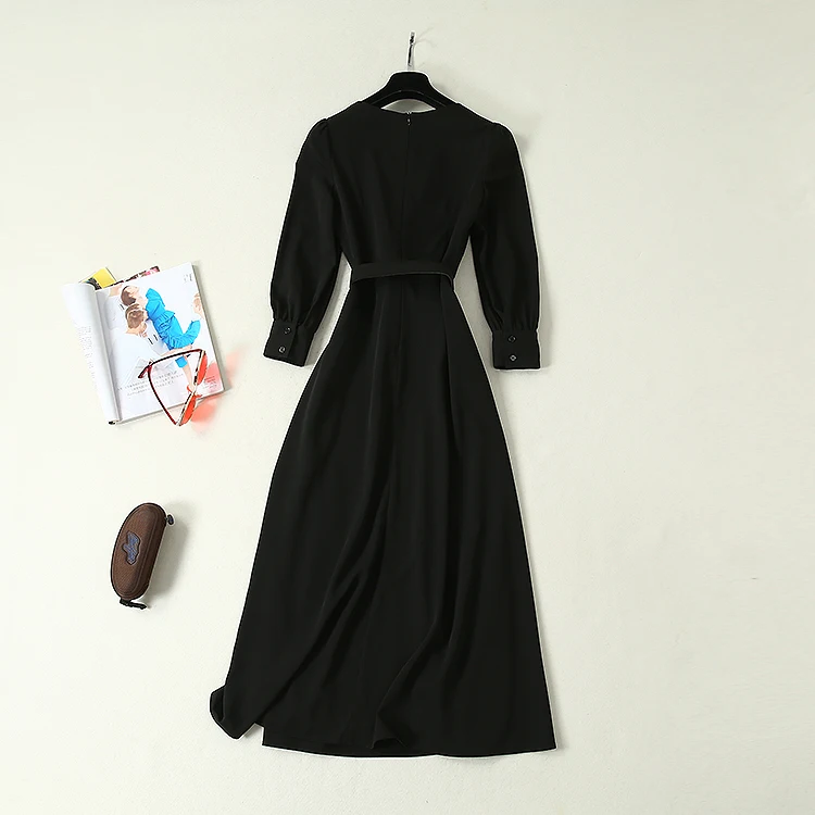 Черное длинное платье Осенняя мода Vestidos Вечернее женское с v-образным вырезом с металлической пряжкой ремень пэчворк длиной до лодыжки Макси платье