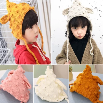 

2020 Cute Warm Winter Autumn Cotton Knitted Baby Hat Lace Up Baby Bonnet For 6-36 Months Girls Boys Warm Kids Caps