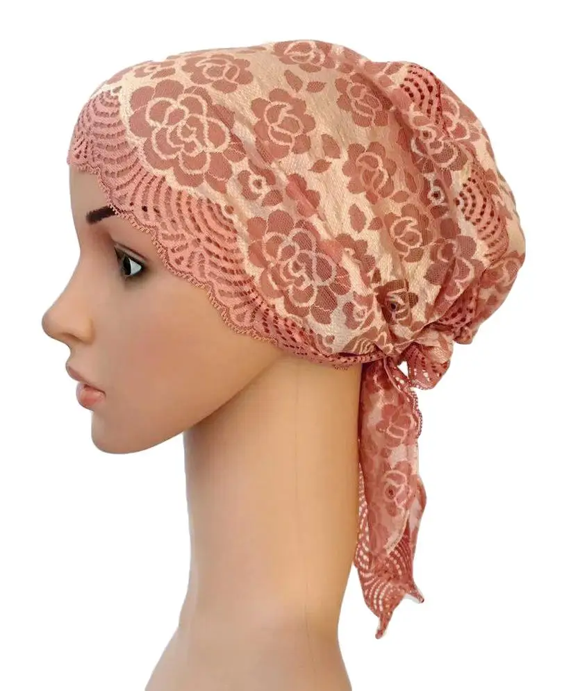 Flower Women Muslim Inner Cap Lace Head Wrap Cover Scarf Islamic Headwear Bonnet Hat Skullies Beanies Hair Loss Fashion