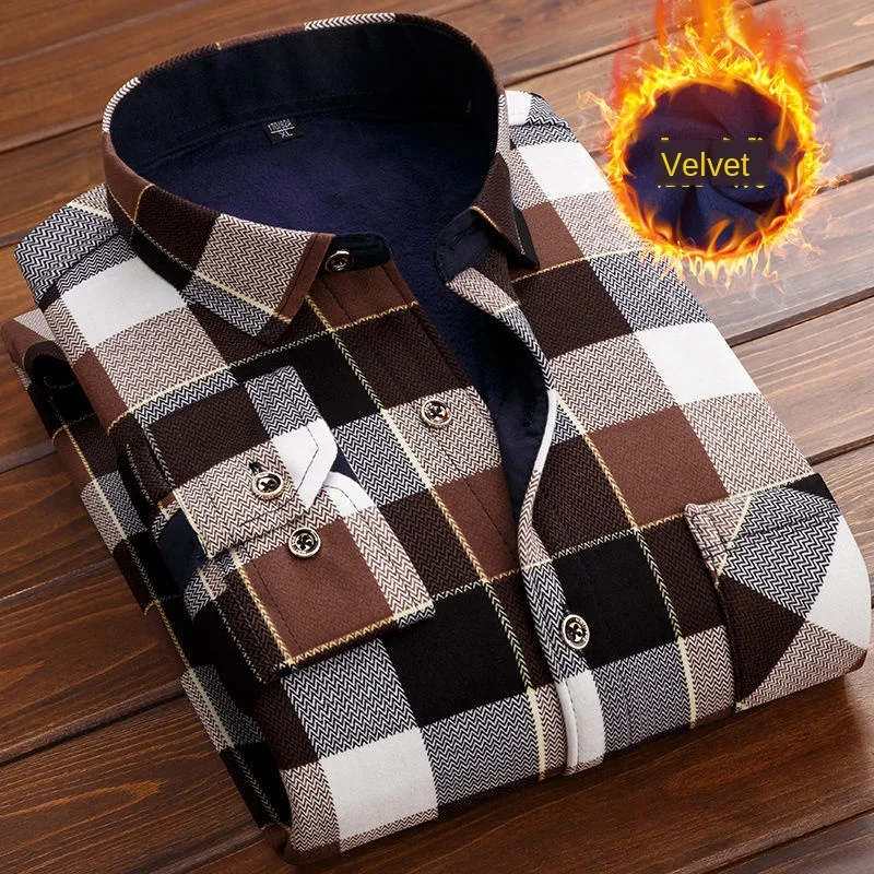 Autumn Winter Men Fleece Warm thermo Shirt Male Fashion Print Long sleeve big size thermal shirt Thick warm Plaid shirt L-6XL