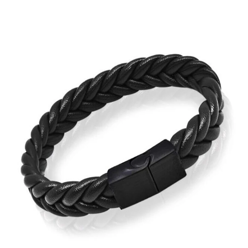 Punk Men Jewelry Black Braided Leather Bracelet Stainless Steel Magnetic Clasp Fashion Bracelets Bangles Men Jewelry