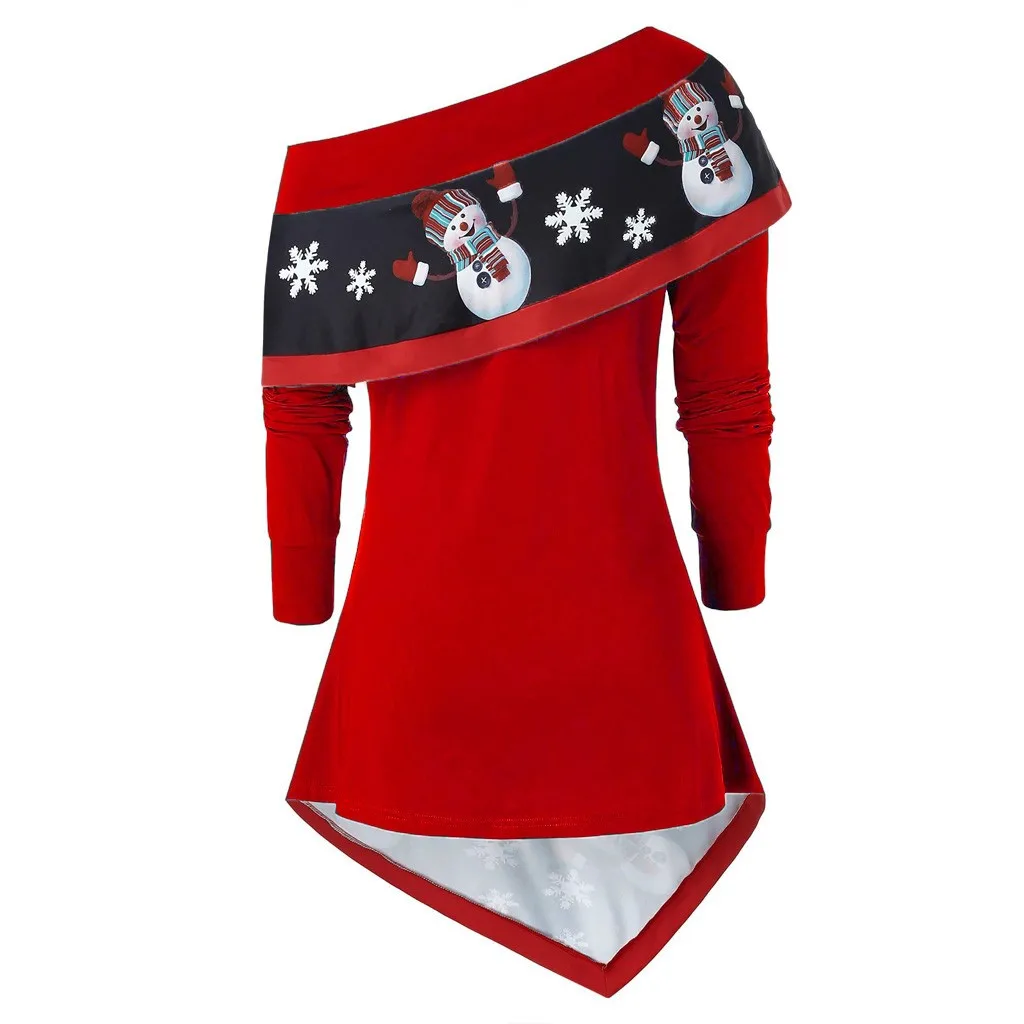 Рождественский топ с косой воротником, свитер с принтом снеговика, пуловер с длинными рукавами, свитер, Женский Рождественский костюм, модная повседневная одежда