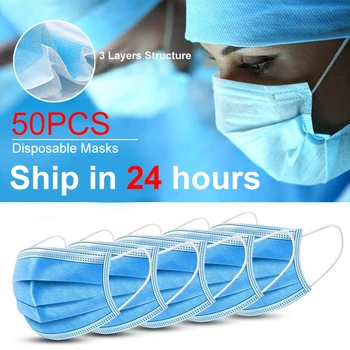 

50 Pcs Disposable Mask Face Mask Mouth Masks 3-Ply Protective Safety Mask Anti-Dust Nonwoven Elastic Earloop Mask