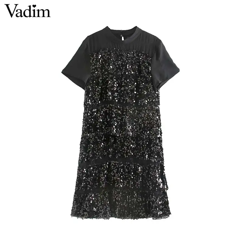 

Vadim women retro sequined patchwork mini dress O neck short sleeve female casual straight style chic dresses vestidos QD021