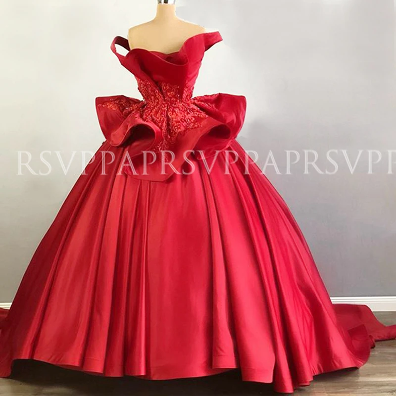 

Long Puffy Evening Dresses 2019 Cap Sleeve Ball Gown Arabic Style Dubai Red Party Women Formal Gowns